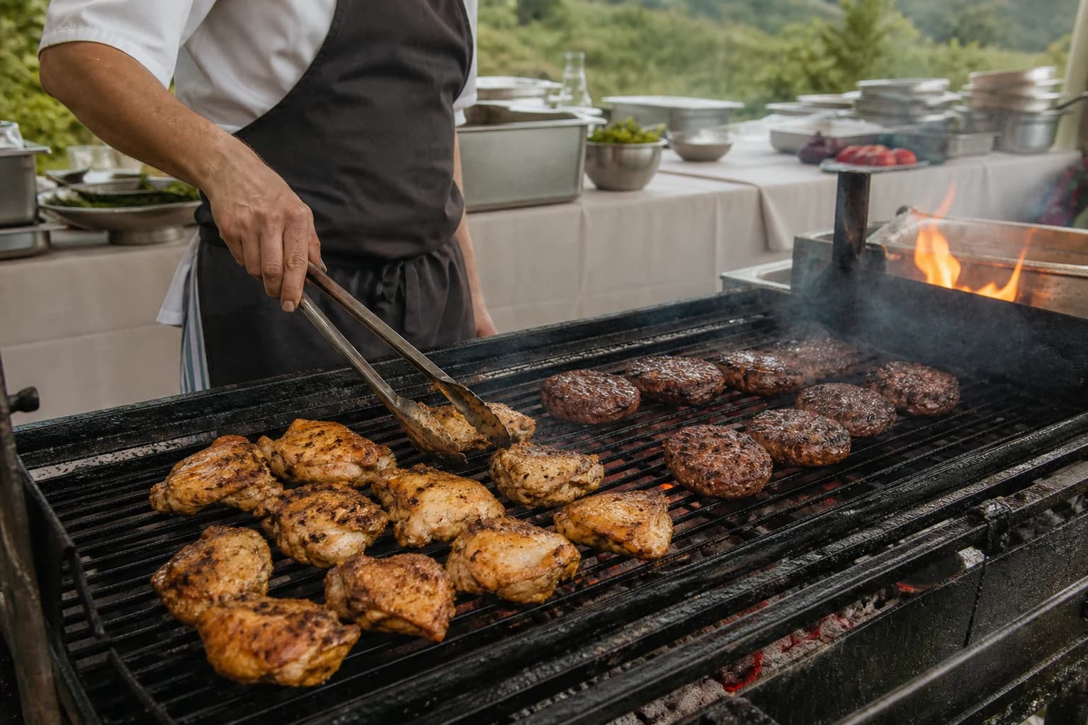 Chargrilled chicken and burgers cooking on the grill at an outdoor event