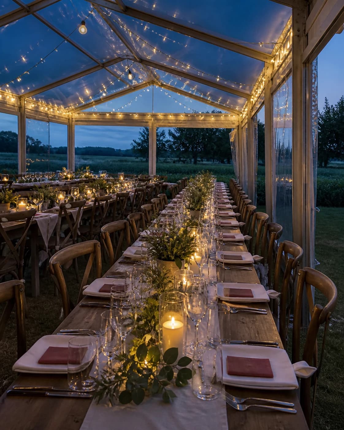 Marquee dining set up in a Cambridgeshire field at dusk